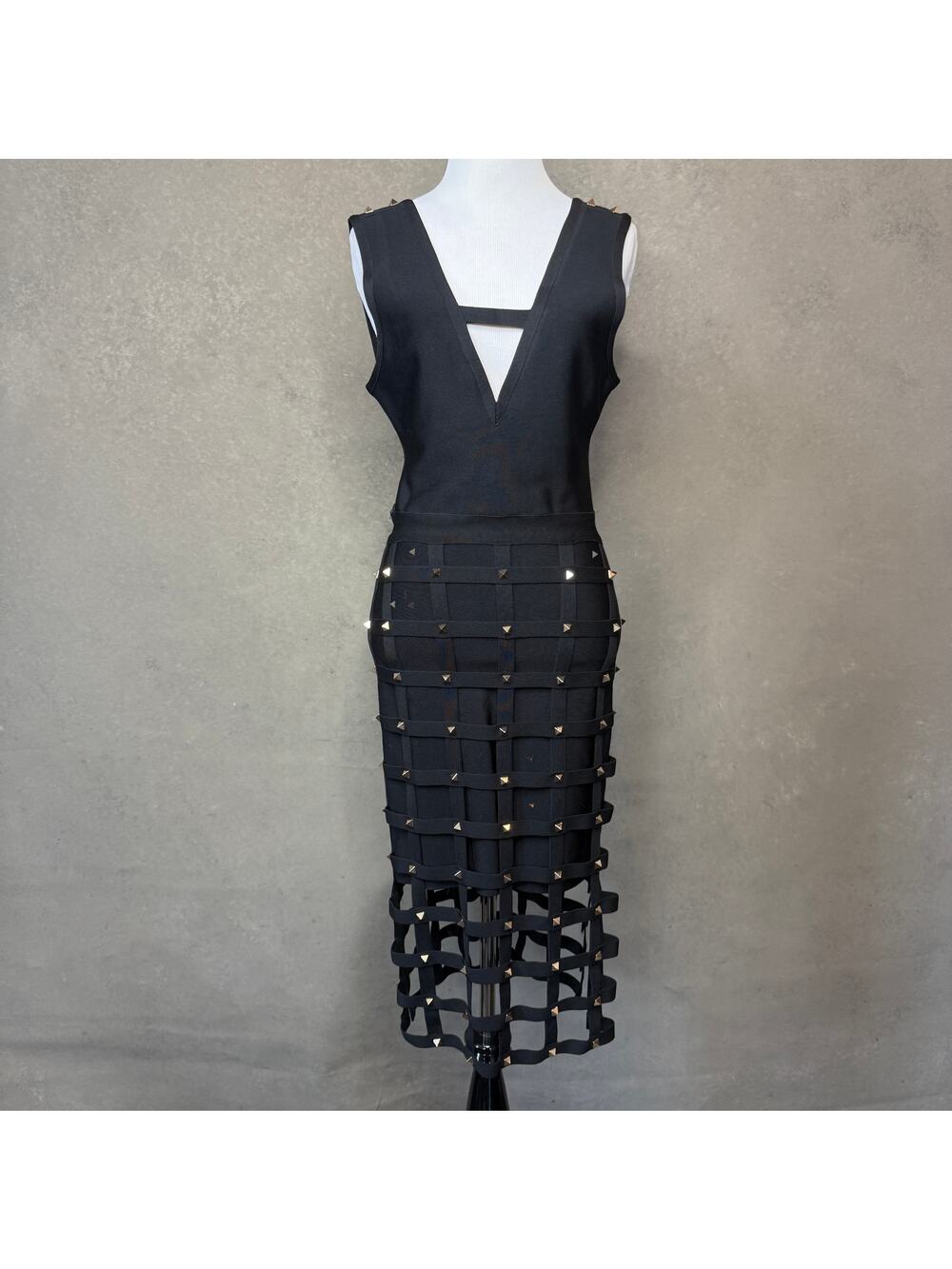 Bebe Black Cage Sport Bandage Dress Gold Pyramid Studs Cutout Back M